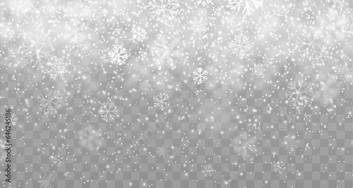 Winter snow fall overlay effect, Christmas holiday snowy background, snowflakes snowfall. Isolated vector realistic falling snow and steam on transparent backdrop. Xmas pattern, texture, snowstorm photo