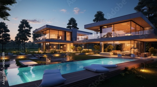 Luxurious Dwelling Surrounded by a Backyard Haven and Swimming Pool, Aglow in the Evening Sunset © Pretty Panda