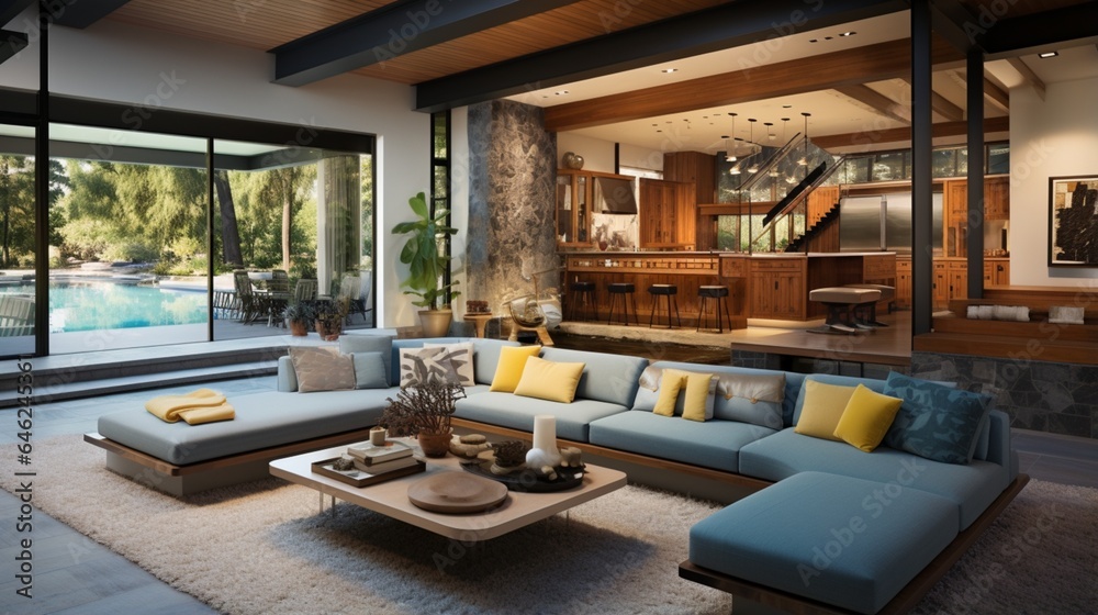 mid-century modern charm of this living room with its sunken seating area and open-concept layout