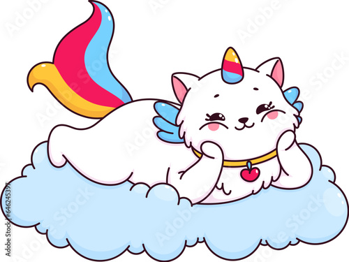 Cartoon cute caticorn cat and kitten character. Caticorn kitten childish isolated vector mascot. Unicorn cat comical character or fantasy animal happy personage lying and dreaming on cloud