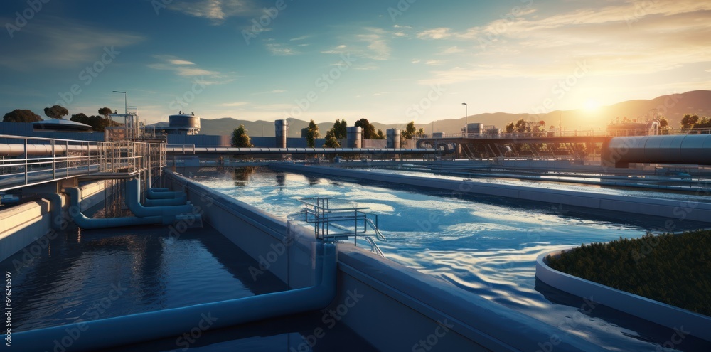 Fototapeta premium Industrial wastewater treatment plant purifying water before it is discharged.