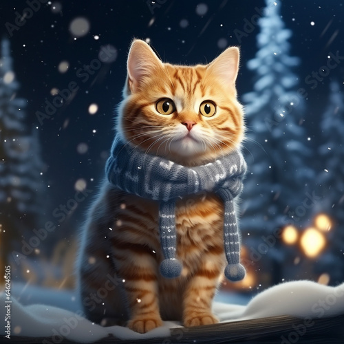 冬の夜の雪の中で遊ぶ猫 Generative AI