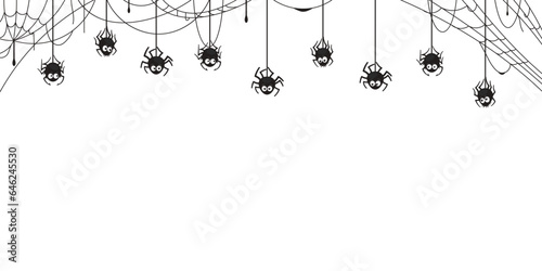 Halloween holiday spider border. Cartoon scary black funny characters hanging on strings down the tangled cobwebs. Vector spinner personages and spiderwebs monochrome frame on white background