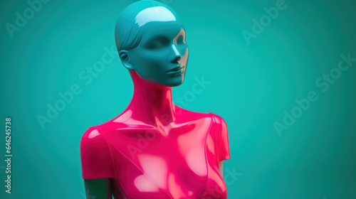 Window dresser mannequin skinny female body doll with minimal bright neon cyan background, emotionless fashion model hanger, naked upper body bust - generative AI photo