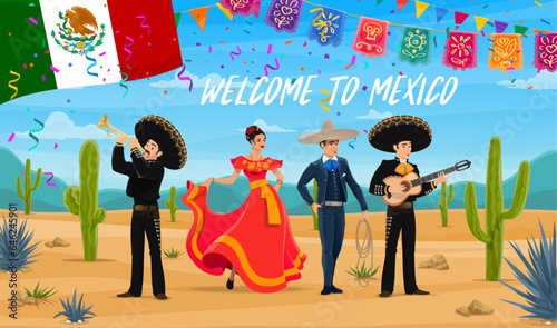 Welcome to Mexico travel banner with national mexican characters. Mariachi musicians band, woman flamenco dancer and matador. Cinco de Mayo music festival, party or fiesta carnival celebration