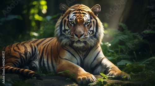 Powerful Bengal Tiger sitting on the grass