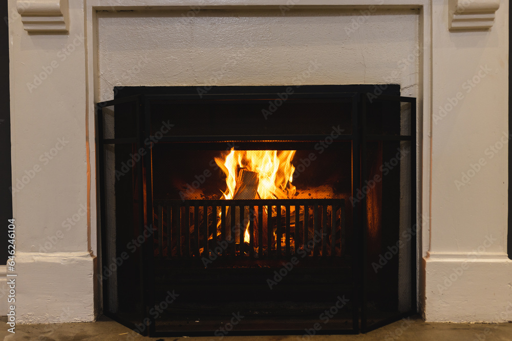 Close up of open fire in fireplace in living room Close up of open fire in fireplace in living room
