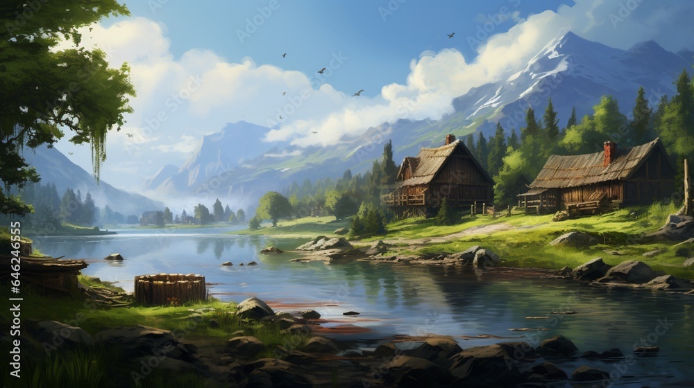 Fototapeta premium Rural scenery showcasing a tranquil lake and lovely, rustic wooden dwellings