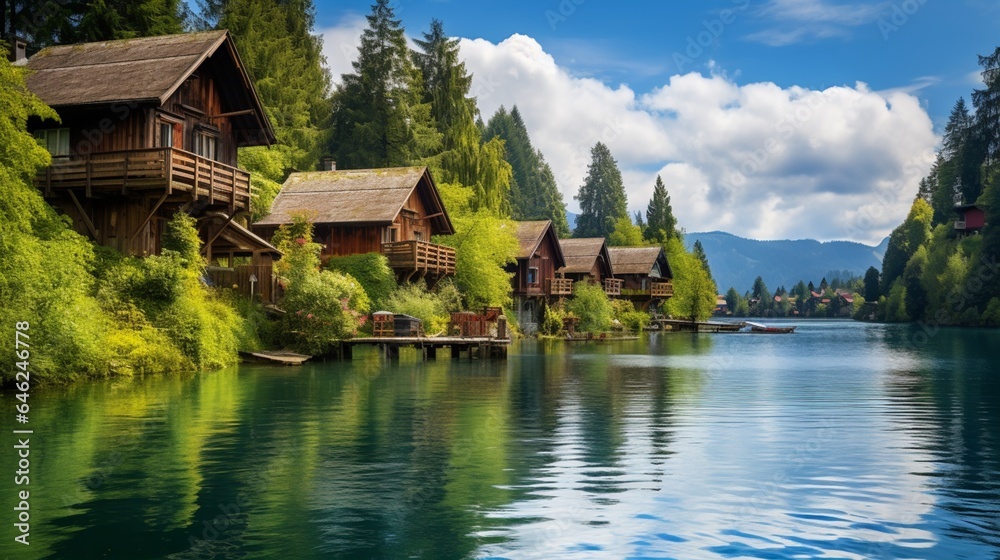 Scenic view featuring a picturesque lake surrounded by charming wooden cottages Scenic view featuring a picturesque lake surrounded by charming wooden cottages