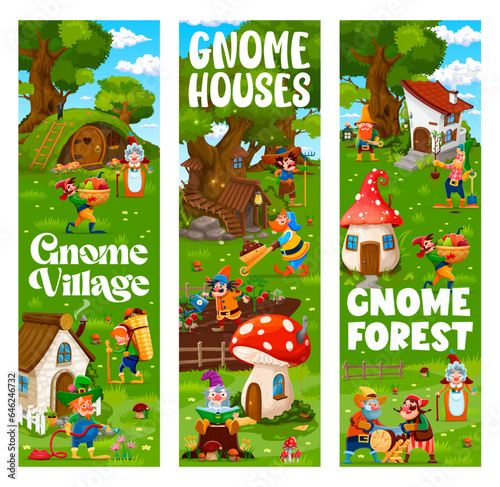 Cartoon gnome and elf characters at fairytale village. Vertical banners or vector posters with fairy creature houses and dwellings, funny gnomes or hobbits personages working on farm and garden