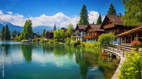 Scenic view featuring a picturesque lake surrounded by charming wooden cottages © Pretty Panda