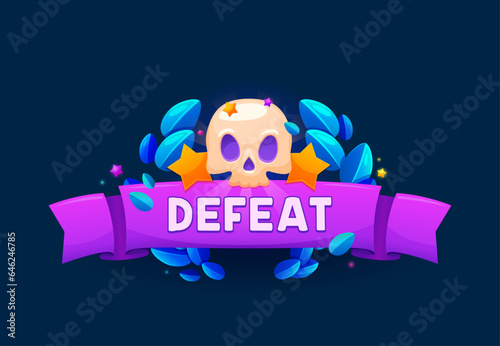 Defeat game badge or shield, ui banner with human skull, purple ribbon, stars and laurel wreath. Fail, game over notification for user, isolated pop up element motivating players to overcome challenge