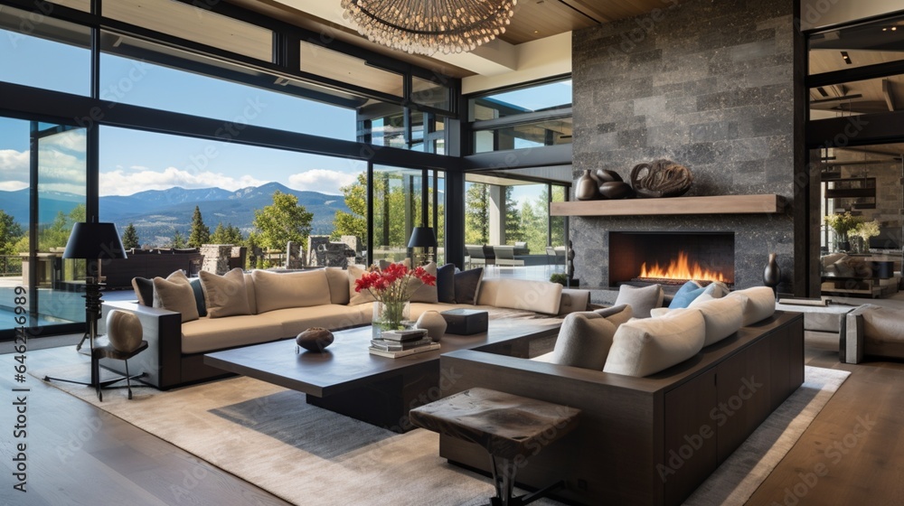 the living room of this recently constructed luxury residence, where an open concept floor plan connects the kitchen, dining room, and a wall of windows, offering breathtaking views of the exterior