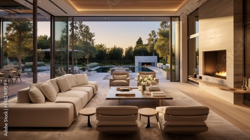 living room of this recently constructed luxury residence, where an open concept floor plan connects the kitchen, dining room, and a wall of windows, offering breathtaking views of the exterior © Pretty Panda