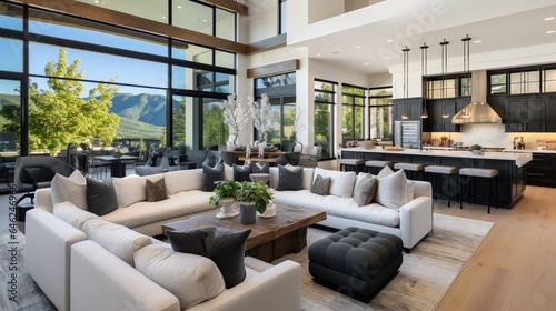 the living room of this recently constructed luxury residence, where an open concept floor plan connects the kitchen, dining room, and a wall of windows, offering breathtaking views of the exterior © Pretty Panda