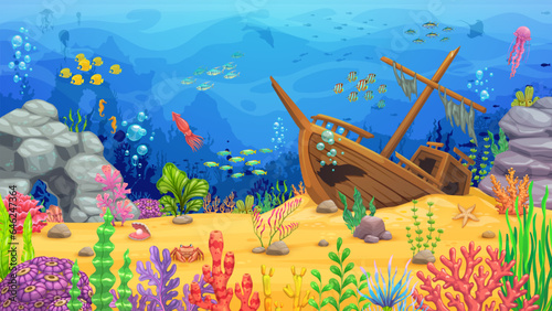 Sunken ship, fish shoals and seaweeds underwater landscape. Cartoon coral reef sand bottom vector background with sea water waves, dolphin, squids and jellyfish, starfish, seahorse and seashell