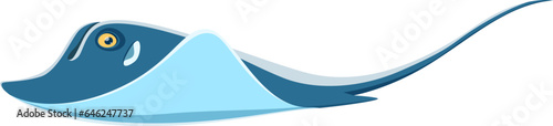 Stingray character, isolated cartoon vector graceful and majestic sea animal with flat body and long, whip-like tail armed with a venomous stinger for defense. Capturing prey with stealth and agility