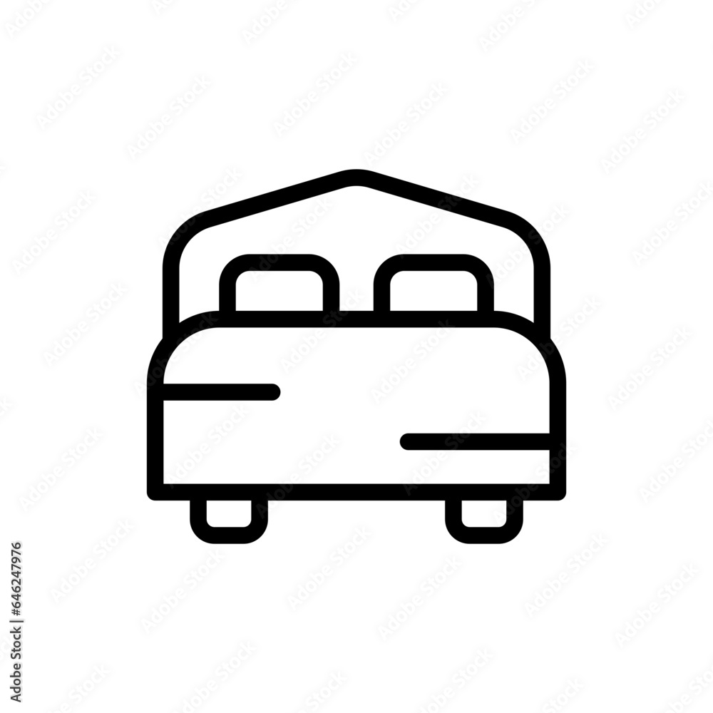Bed hotel icon with black outline style. bed, bedroom, room, hotel, pictogram, mattress, double. Vector Illustration