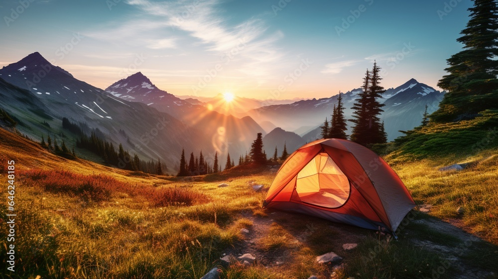 the Beauty of Summertime Camping: Morning Vibes with Campfire, Tent, and Mountain Views