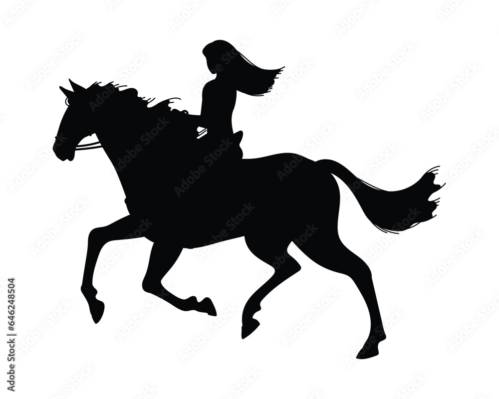 Black silhouette of woman on horseback flat style, vector illustration