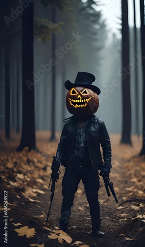 Halloween pumpkin with gun mascot