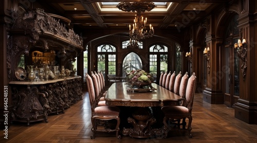 The dining room of this lavish residence features an exquisite wooden table