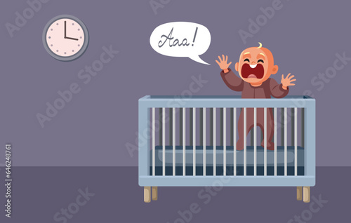 Baby Screaming in his Crib Alone During Nighttime Vector Cartoon Illustration. Infant crying because of sleep training abandonment issues 
