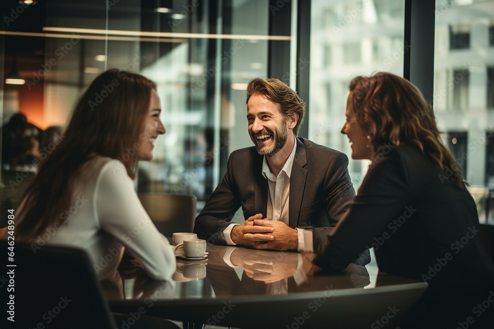 Experienced businesswoman engaging in a discussion with her team, taking the lead in an office meeting.
