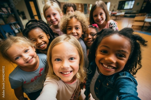 Memorable class photograph selfie capturing a group of multi racial elementary school children, boys and girls, posing together.
