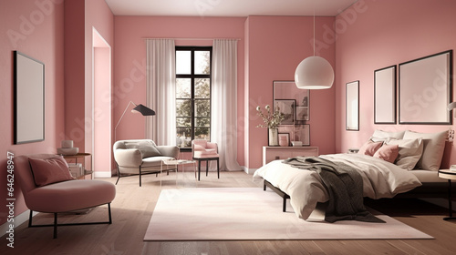 ピンク色の内装のベッドルーム インテリアイメージ