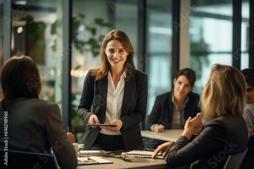 Experienced businesswoman engaging in a discussion with her team, taking the lead in an office meeting.
