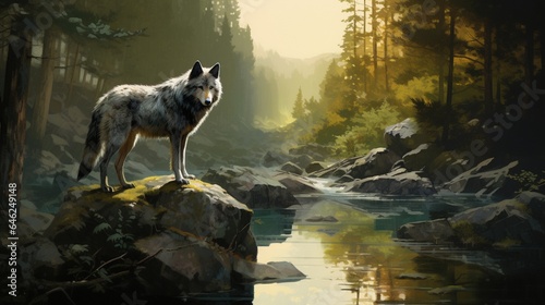 the woodland s silence  a solitary wolf standing over a rock besides the lake and explores its forest realm