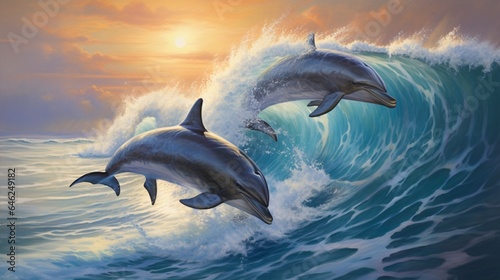 the world of ocean wildlife, where lively dolphins joyfully vault over the foaming waves in their native habitat © Pretty Panda