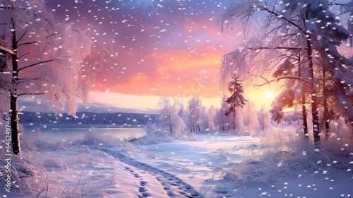 beautiful winter landscape with forest, trees and sunrise. winterly morning of a new day. purple winter landscape with sunset © Lucky Ai