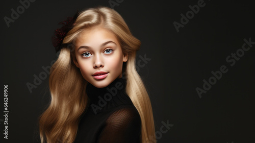 Portrait of girl with blonde hair wearing sweater. Isolated on black background with copy space. AI Generated.