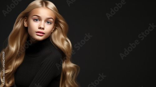Portrait of young girl with blonde hair wearing sweater. Isolated on black background with copy space. AI Generated.