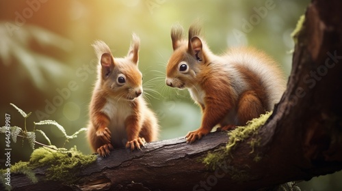 Amidst the serene forest backdrop, the Asian Red Squirrels are playing altogether in their woodland environment © Pretty Panda