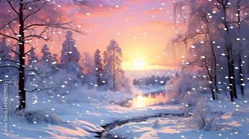 beautiful winter landscape with forest, trees and sunrise. winterly morning of a new day. purple winter landscape with sunset