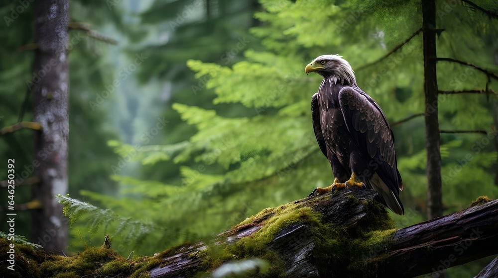 An eagle perched in the middle of the forest An eagle perched in the middle of the forest