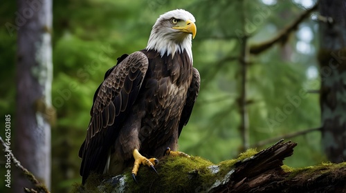 An eagle perched in the middle of the forest
