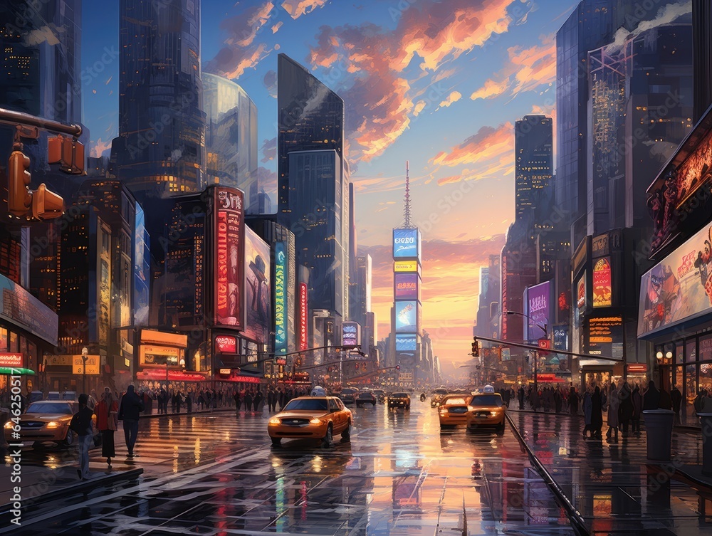 Obraz premium Vibrant cityscape at dusk, with towering skyscrapers reflecting the warm hues of the setting sun. The streets are bustling with life, filled with people about evening activities Generative AI