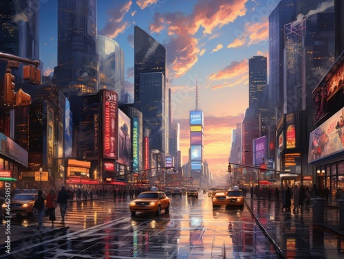 Vibrant cityscape at dusk, with towering skyscrapers reflecting the warm hues of the setting sun. The streets are bustling with life, filled with people about evening activities Generative AI