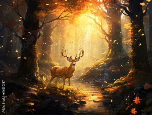 Enchanted forest bathed in the golden deer light of a magical sunrise, where whimsical creatures roam freely Generative AI