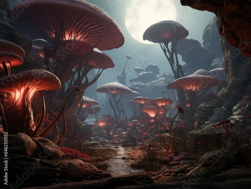 Otherworldly alien landscape, with strange rock formations, alien flora, and an alien sky Generative AI