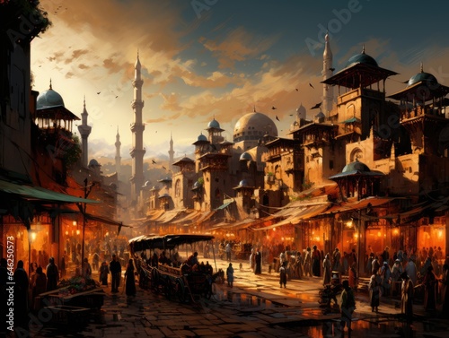 Bustling market scene in an exotic foreign city, with colorful stalls, aromatic spices, and a diverse array of people Generative AI © authapol