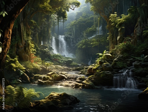 Mystical, hidden waterfall deep within a dense rainforest, with cascading water, lush vegetation, and an air of enchantment Generative AI