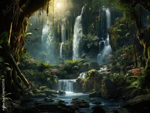 Mystical, hidden waterfall deep within a dense rainforest, with cascading water, lush vegetation, and an air of enchantment Generative AI