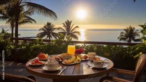 Delight in a picturesque and rejuvenating breakfast at an upscale seaside hotel in the tropics © Pretty Panda