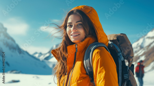 Woman hiker, hiking backpacker traveler camper walking on the top of mountain in sunny day under sun light. Beautiful mountain landscape view © Ms VectorPlus