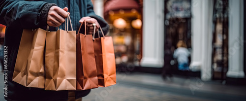 buyer carries bags with gifts in his hands, Black Friday, season of Christmas sales.